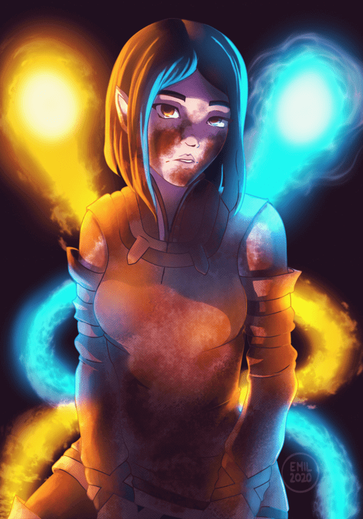 A tired bloodied woman looks at the camera while surrounded by orange and blue light.