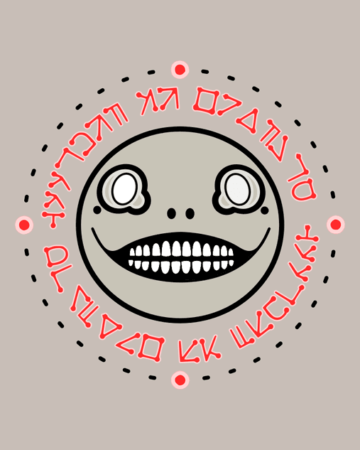 Round grinning face surrounded by mysterious text.