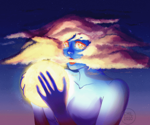 Half-body of a blue woman holding the sun, with clouds as her hair.