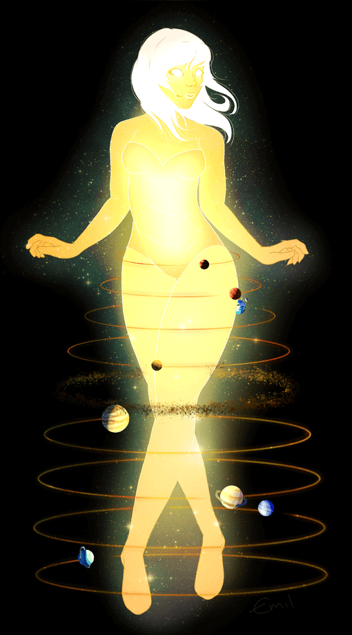 Full body of a glowing yellow person with planets orbiting the legs like a hoop skirt.